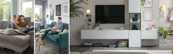 Modernes Jugendwohnzimmer mit Sofas, TV-Wand und Deko.